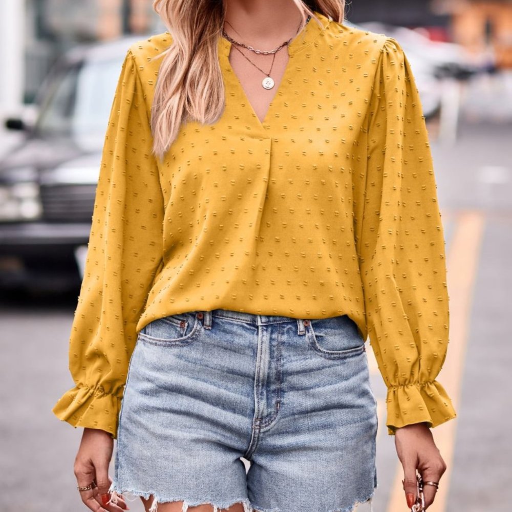 Swiss Dot Notched Neck Flounce Sleeve Blouse - Mustard